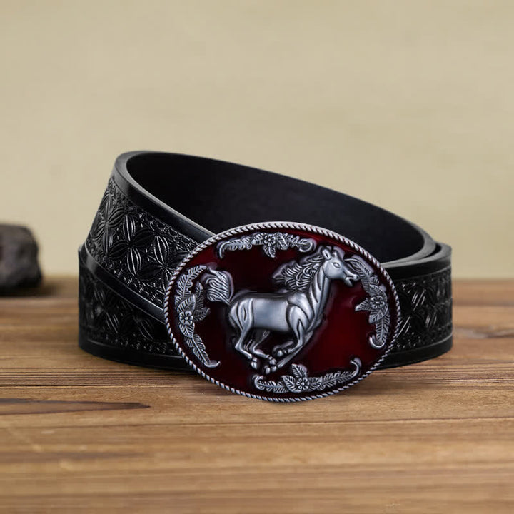 Men's DIY Red Enamel Running Horse Buckle Leather Belt - Horse - Black Embossed Weave Belt (40) - image 9
