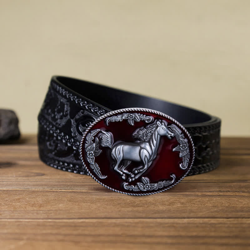 Men's DIY Red Enamel Running Horse Buckle Leather Belt - Horse - Black Carved Belt (40) - image 11
