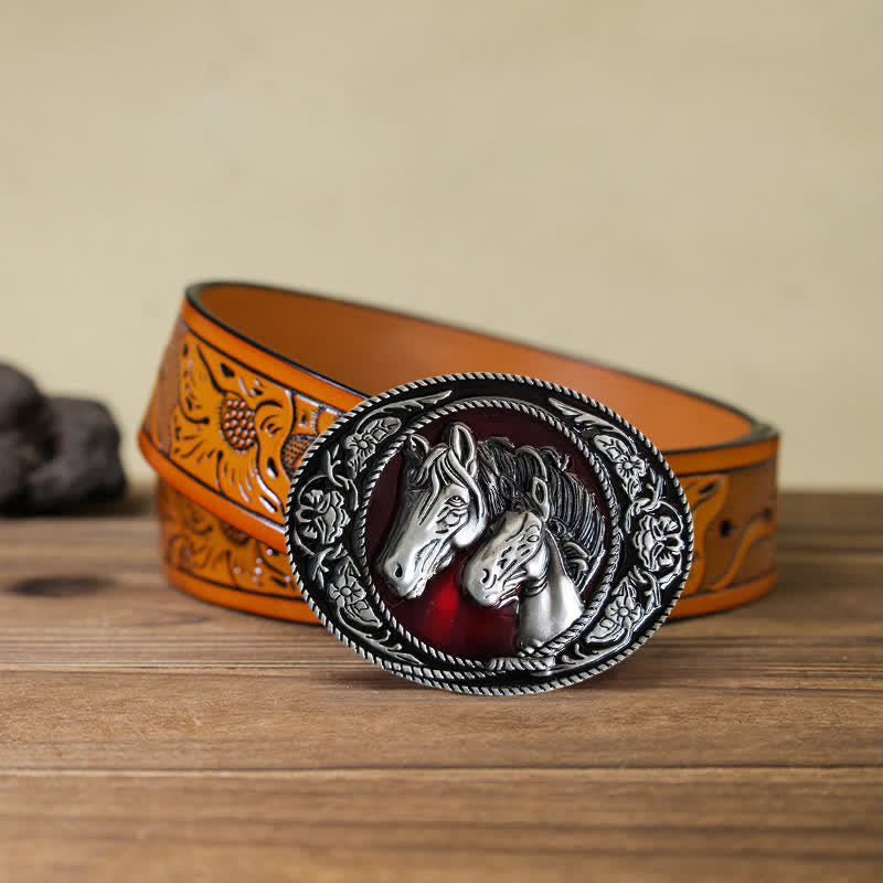 Men's DIY Horse And Colt Enameled Buckle Leather Belt - Horses - Orange Carved Belt (40) - image 16