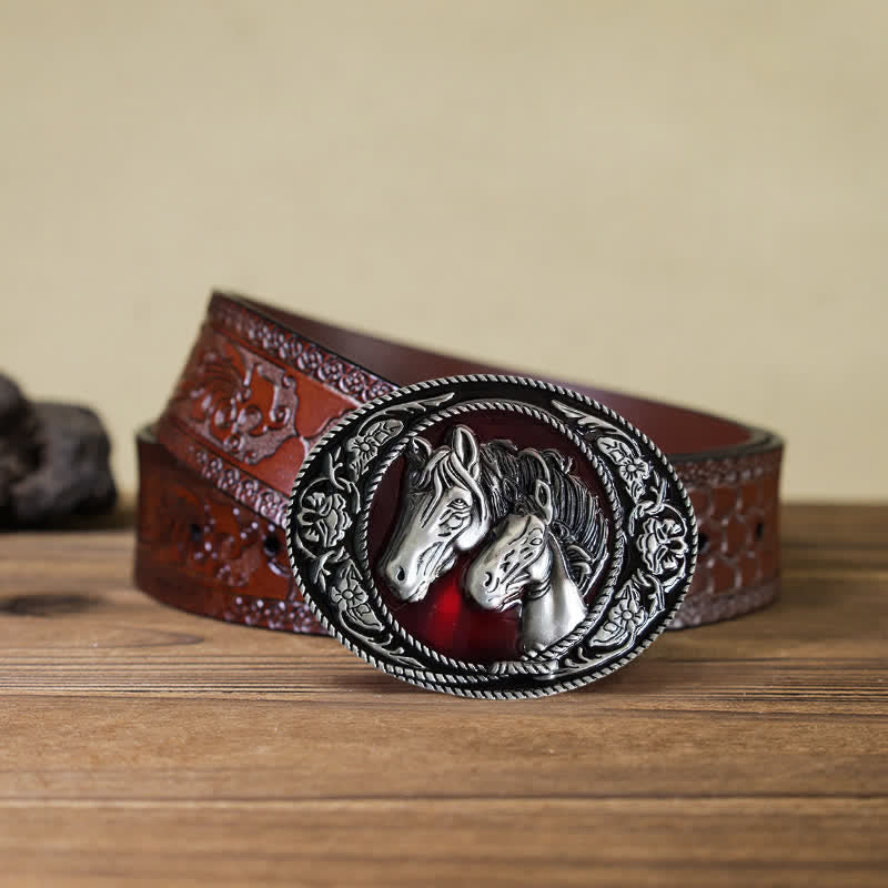 Men's DIY Horse And Colt Enameled Buckle Leather Belt - Horses - Brown Carved Belt (40) - image 12