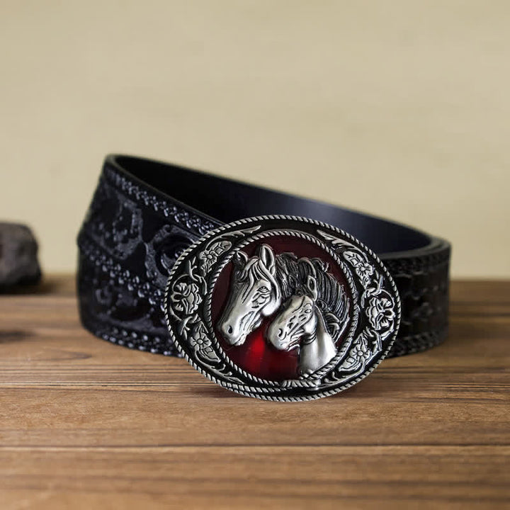 Men's DIY Horse And Colt Enameled Buckle Leather Belt - Horses - Black Carved Belt (40) - image 10