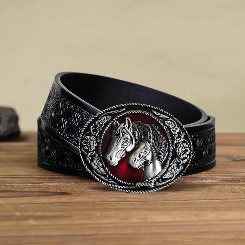 Men's DIY Horse And Colt Enameled Buckle Leather Belt - Horses - Black Embossed Weave Belt (40) - image 8