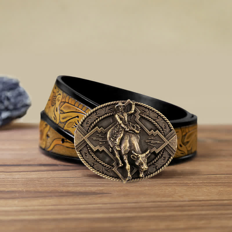 Men's DIY Rodeo Bull Rider Buckle Leather Belt - Bronze - SandyBrown Belt (40) - image 19