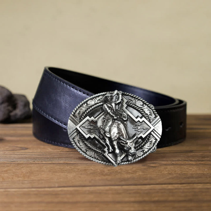 Men's DIY Rodeo Bull Rider Buckle Leather Belt - Silver - Black PU Belt (40) - image 3