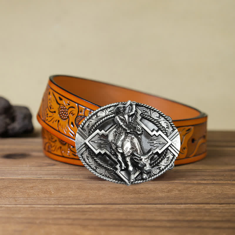 Men's DIY Rodeo Bull Rider Buckle Leather Belt - Silver - Orange Carved Belt (40) - image 21
