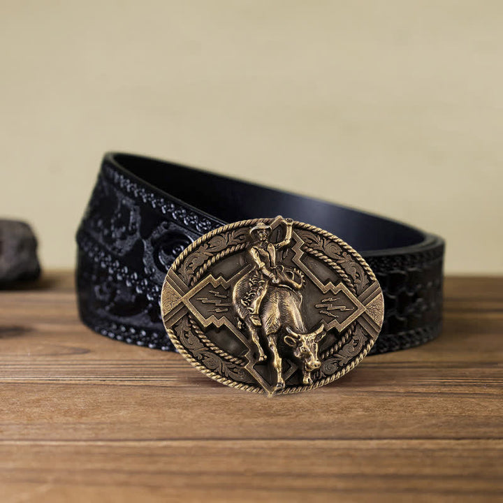 Men's DIY Rodeo Bull Rider Buckle Leather Belt - Bronze - Black Carved Belt (40) - image 13
