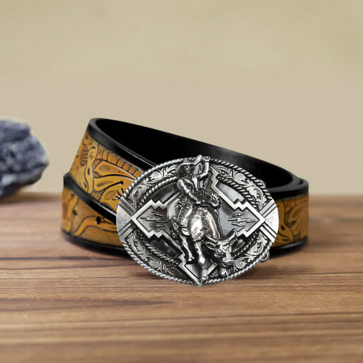 Men's DIY Rodeo Bull Rider Buckle Leather Belt - Silver - SandyBrown Belt (40) - image 18
