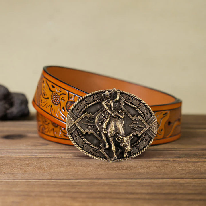 Men's DIY Rodeo Bull Rider Buckle Leather Belt - Bronze - Orange Carved Belt (40) - image 22