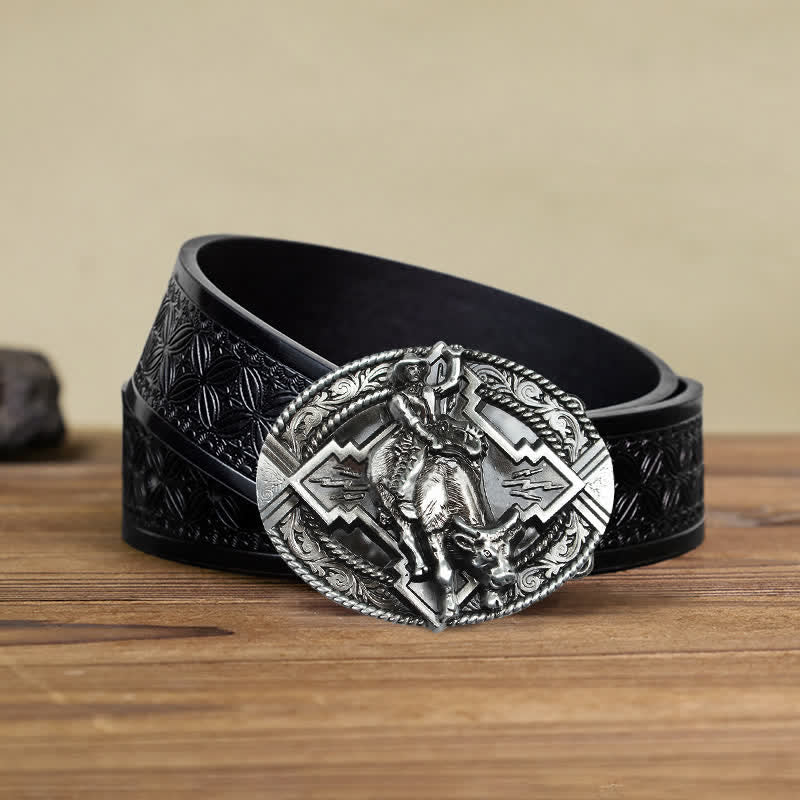 Men's DIY Rodeo Bull Rider Buckle Leather Belt - Silver - Black Embossed Weave Belt (40) - image 9