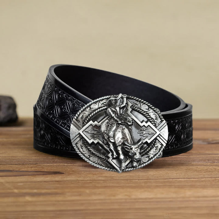 Men's DIY Rodeo Bull Rider Buckle Leather Belt - Silver - Black Embossed Weave Belt (40) - image 9