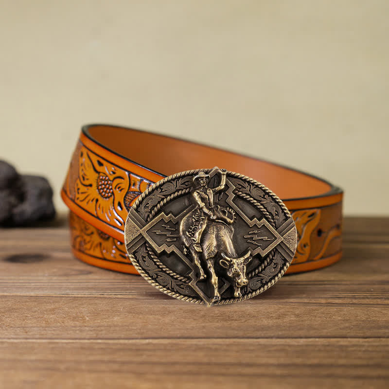 Men's DIY Rodeo Bull Rider Buckle Leather Belt - Bronze - Orange Carved Belt (40) - image 22