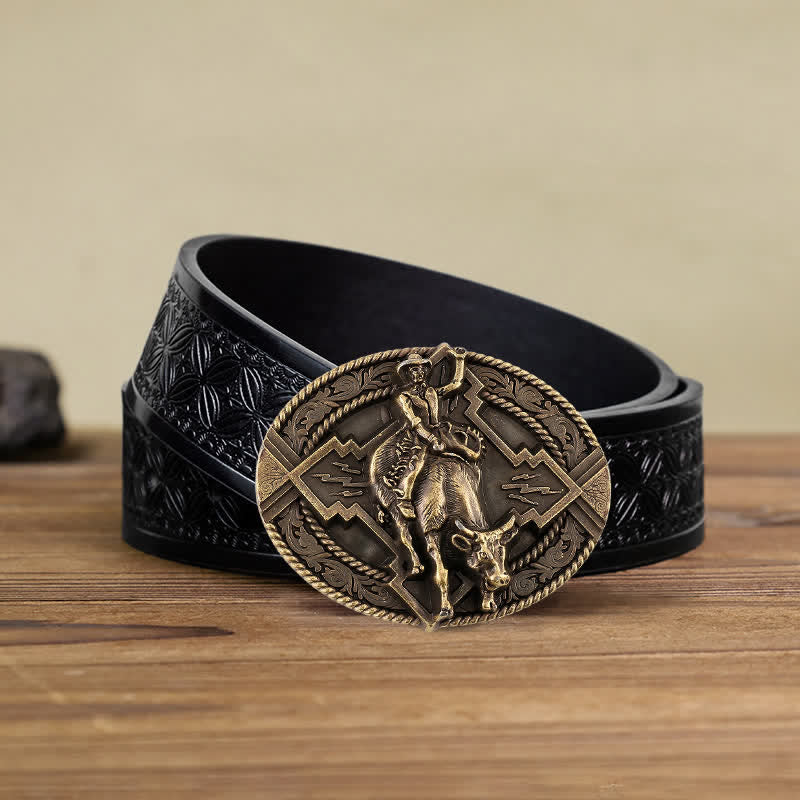 Men's DIY Rodeo Bull Rider Buckle Leather Belt - Bronze - Black Embossed Weave Belt (40) - image 10