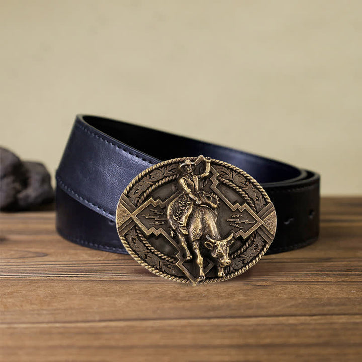 Men's DIY Rodeo Bull Rider Buckle Leather Belt - Bronze - Black PU Belt (40) - image 4