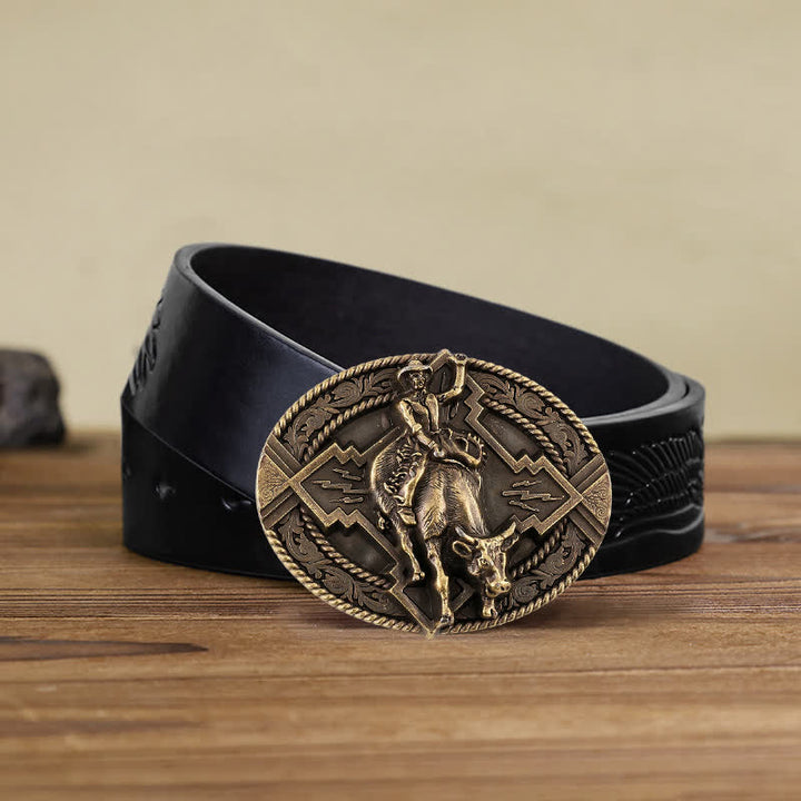 Men's DIY Rodeo Bull Rider Buckle Leather Belt - Bronze - Black Embossed Eagle Belt (40) - image 7