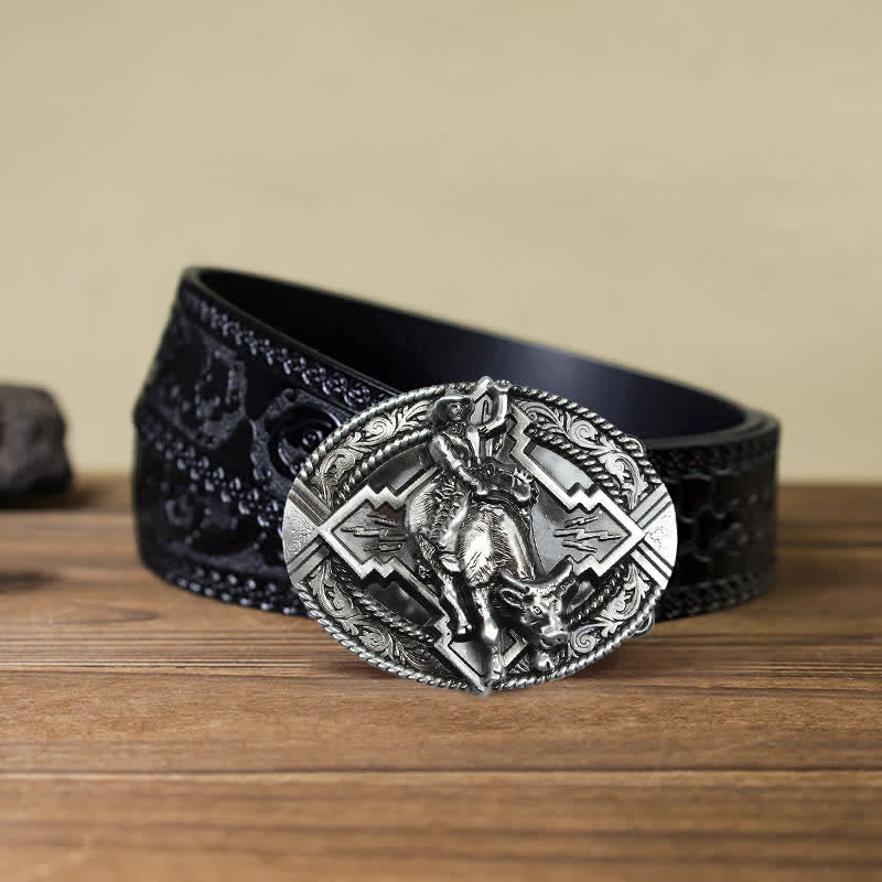 Men's DIY Rodeo Bull Rider Buckle Leather Belt - Silver - Black Carved Belt (40) - image 12
