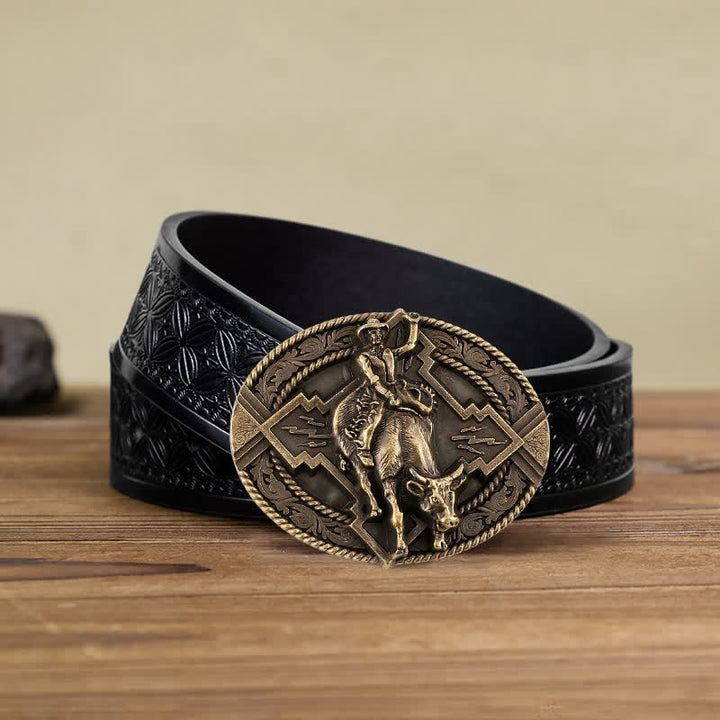 Men's DIY Rodeo Bull Rider Buckle Leather Belt - Bronze - Black Embossed Weave Belt (40) - image 10