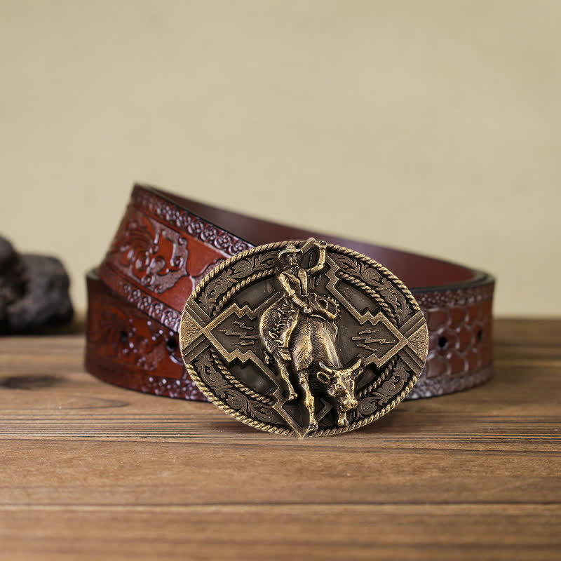Men's DIY Rodeo Bull Rider Buckle Leather Belt - Bronze - Brown Carved Belt (40) - image 16