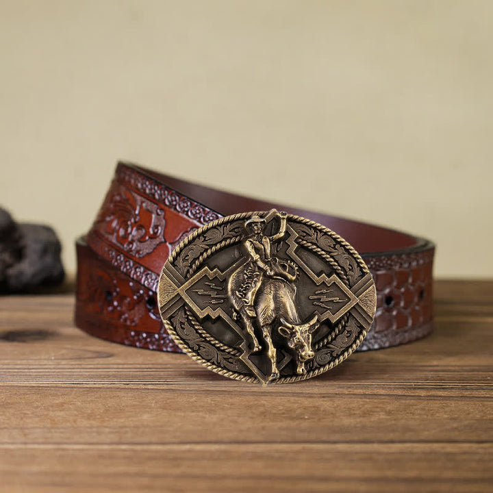 Men's DIY Rodeo Bull Rider Buckle Leather Belt - Bronze - Brown Carved Belt (40) - image 16