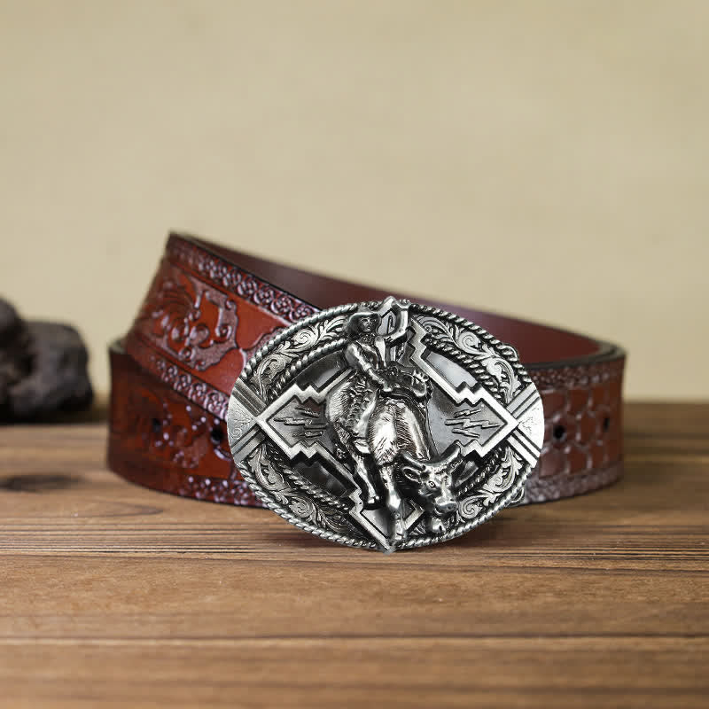 Men's DIY Rodeo Bull Rider Buckle Leather Belt - Silver - Brown Carved Belt (40) - image 15