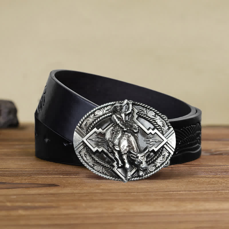 Men's DIY Rodeo Bull Rider Buckle Leather Belt - Silver - Black Embossed Eagle Belt (40) - image 6