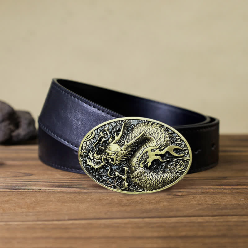 Men's DIY Large Fire Dragon Buckle Leather Belt - Antique Gold - Black PU Belt (40) - image 5