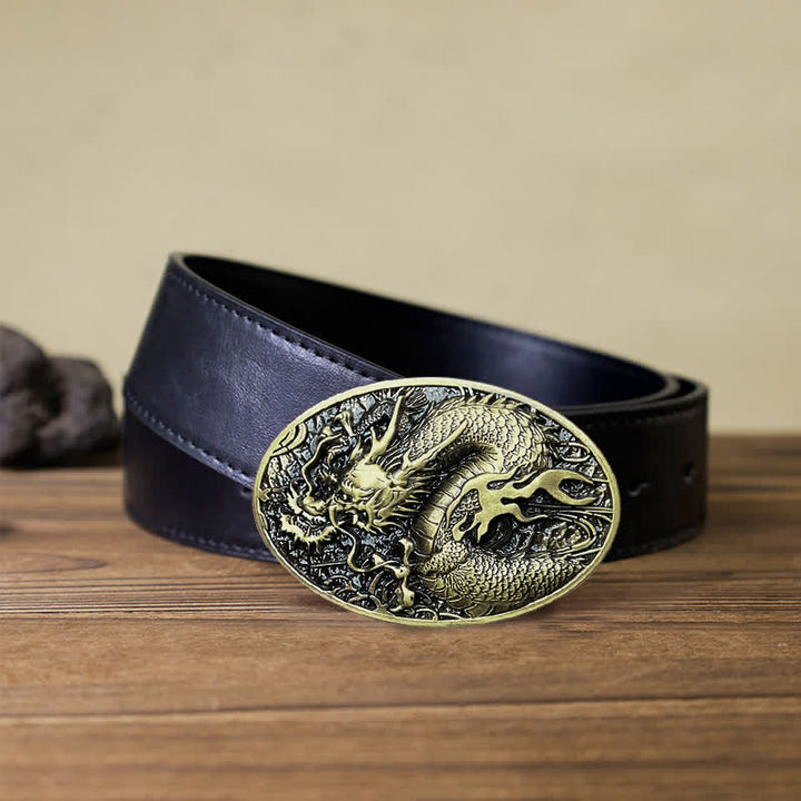 Men's DIY Large Fire Dragon Buckle Leather Belt - Antique Gold - Black PU Belt (40) - image 5
