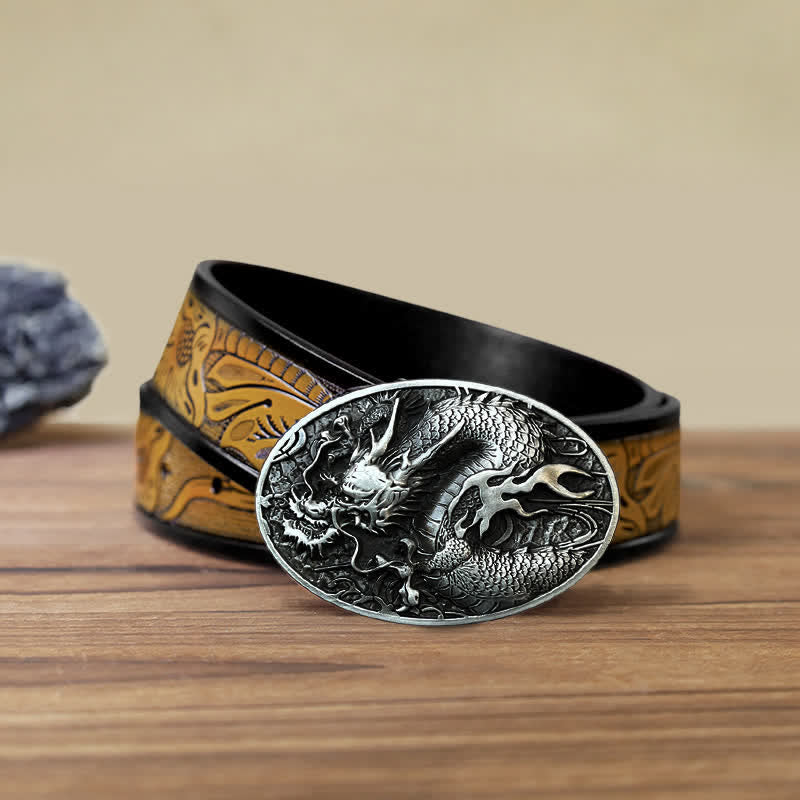 Men's DIY Large Fire Dragon Buckle Leather Belt - Antique Silver - SandyBrown Belt (40) - image 19