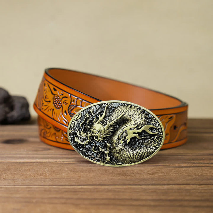 Men's DIY Large Fire Dragon Buckle Leather Belt - Antique Gold - Orange Carved Belt (40) - image 23