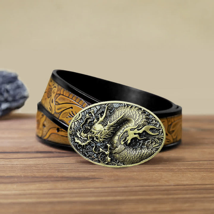 Men's DIY Large Fire Dragon Buckle Leather Belt - Antique Gold - SandyBrown Belt (40) - image 20