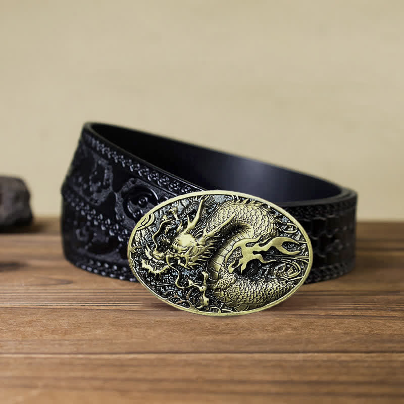 Men's DIY Large Fire Dragon Buckle Leather Belt - Antique Gold - Black Carved Belt (40) - image 14