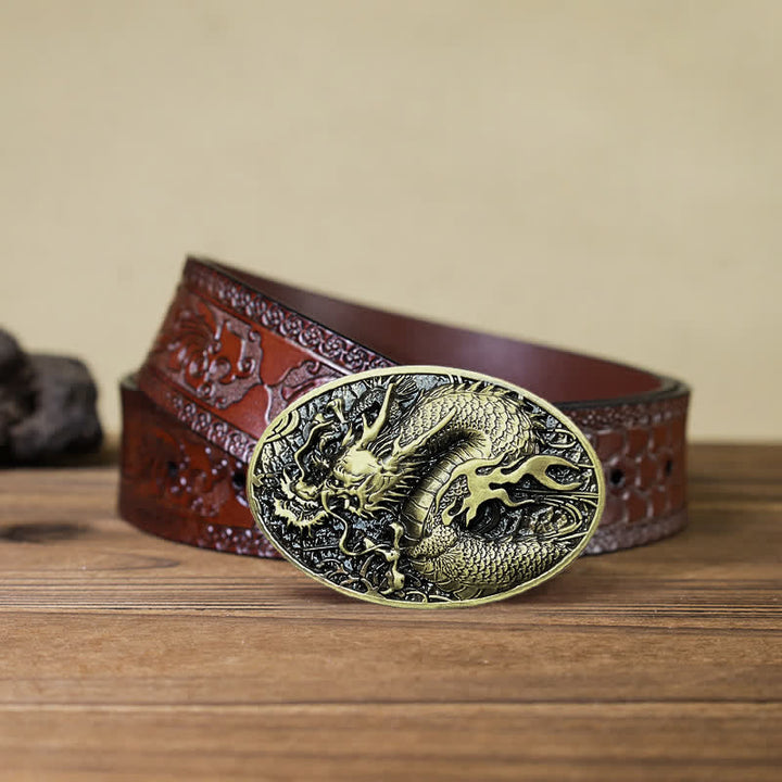 Men's DIY Large Fire Dragon Buckle Leather Belt - Antique Gold - Brown Carved Belt (40)) - image 17