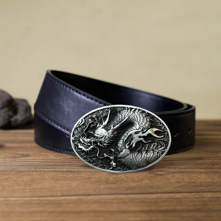 Men's DIY Large Fire Dragon Buckle Leather Belt - Antique Silver - Black PU Belt (40) - image 4