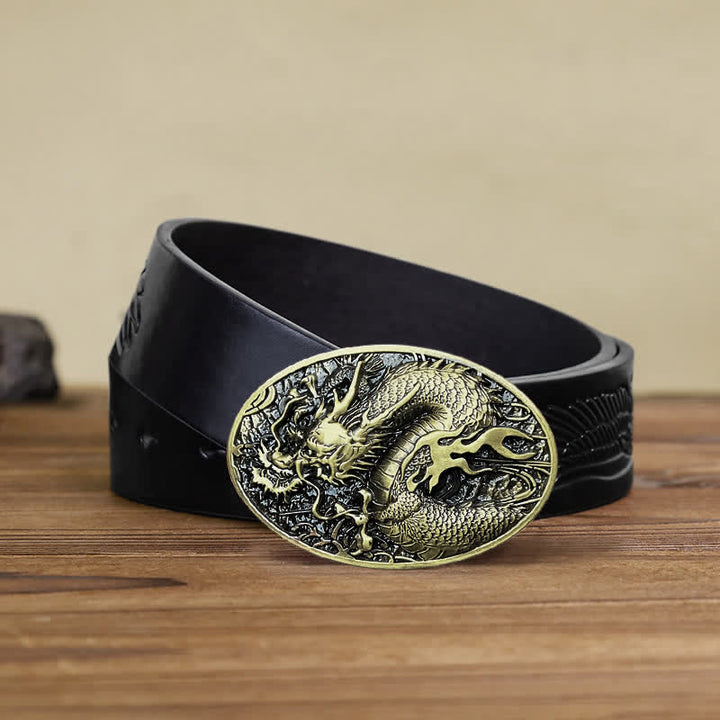 Men's DIY Large Fire Dragon Buckle Leather Belt - Antique Gold - Black Embossed Eagle Belt (40) - image 8