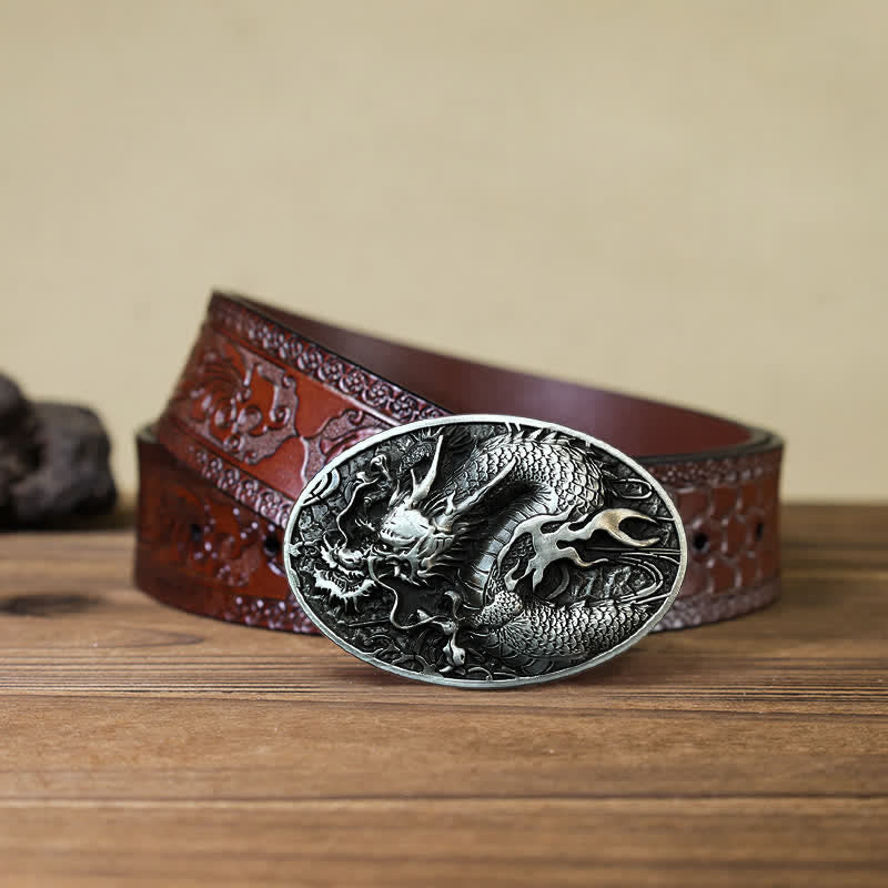 Men's DIY Large Fire Dragon Buckle Leather Belt - Antique Silver - Brown Carved Belt (40) - image 16