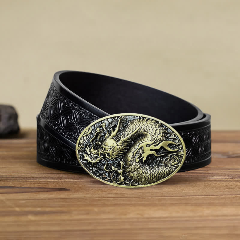 Men's DIY Large Fire Dragon Buckle Leather Belt - Antique Gold - Black Embossed Weave Belt (40) - image 11