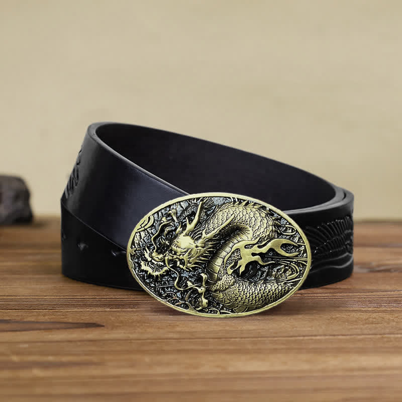 Men's DIY Large Fire Dragon Buckle Leather Belt - Antique Gold - Black Embossed Eagle Belt (40) - image 8