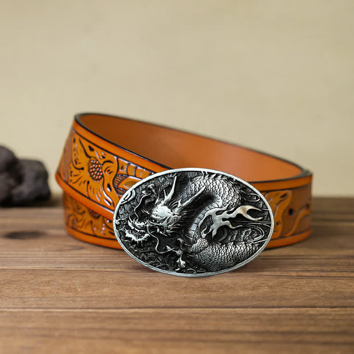 Men's DIY Large Fire Dragon Buckle Leather Belt - Antique Silver - Orange Carved Belt (40) - image 22