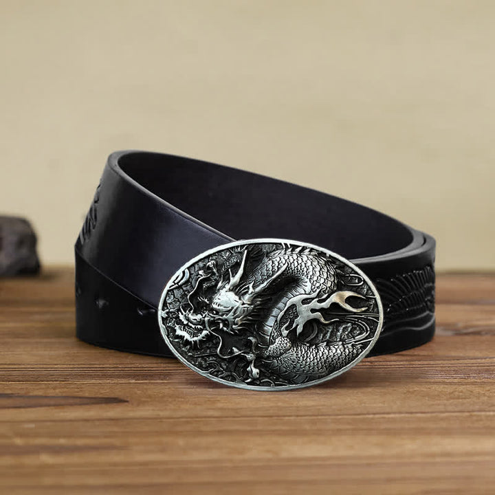 Men's DIY Large Fire Dragon Buckle Leather Belt - Antique Silver - Black Embossed Eagle Belt (40) - image 7