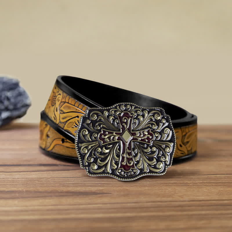 Men's DIY Red Enamel Cross Buckle Leather Belt - Antique Bronze - SandyBrown Belt (40) - image 21