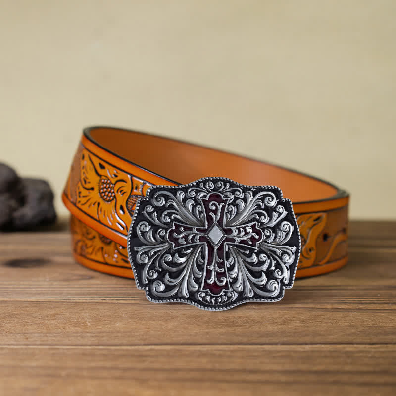 Men's DIY Red Enamel Cross Buckle Leather Belt - Antique Silver - Orange Carved Belt (40) - image 23