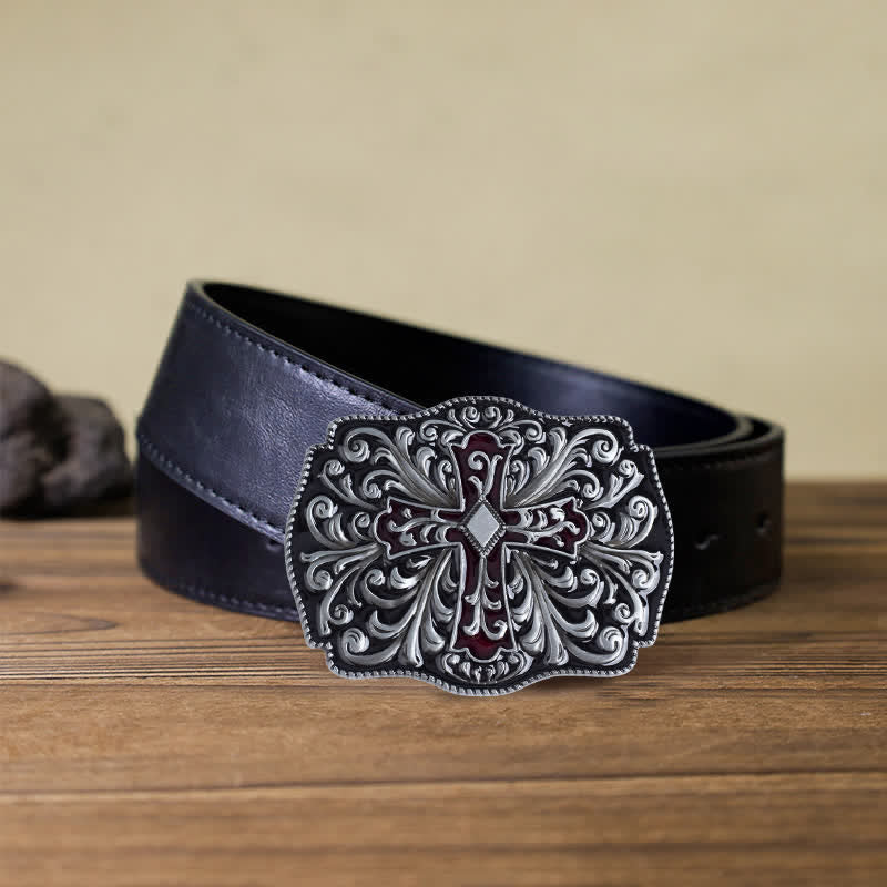 Men's DIY Red Enamel Cross Buckle Leather Belt - Antique Silver - Black PU Belt (40) - image 5