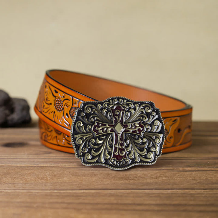 Men's DIY Red Enamel Cross Buckle Leather Belt - Antique Bronze - Orange Carved Belt (40) - image 24