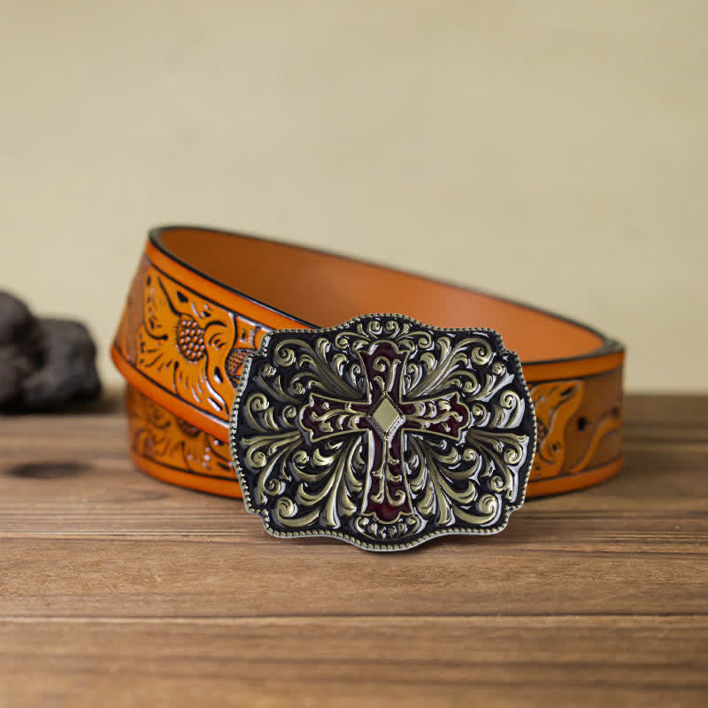 Men's DIY Red Enamel Cross Buckle Leather Belt - Antique Bronze - Orange Carved Belt (40) - image 24