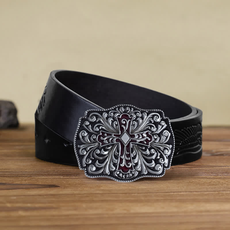 Men's DIY Red Enamel Cross Buckle Leather Belt - Antique Silver - Black Embossed Eagle Belt (40) - image 8