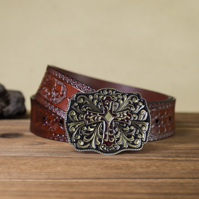 Men's DIY Red Enamel Cross Buckle Leather Belt - Antique Bronze - Brown Carved Belt (40) - image 18