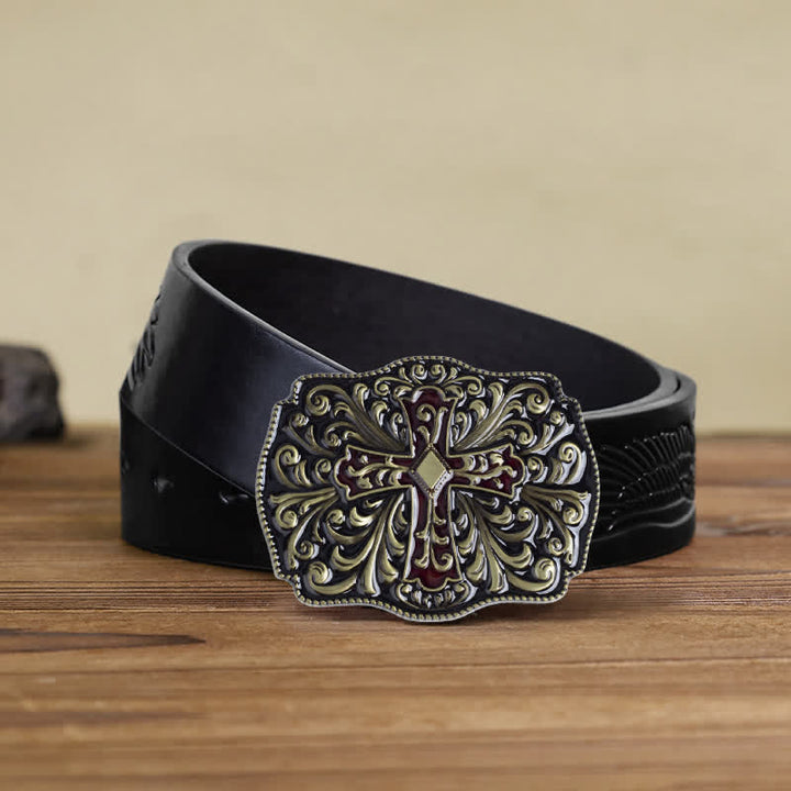Men's DIY Red Enamel Cross Buckle Leather Belt - Antique Bronze - Black Embossed Eagle Belt (40) - image 9