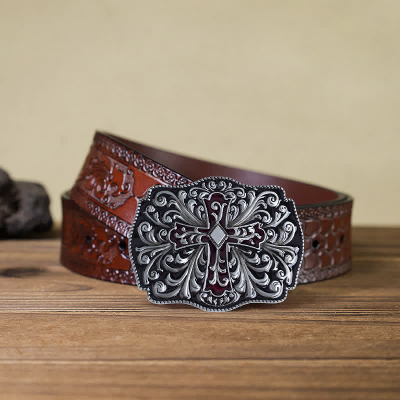 Men's DIY Red Enamel Cross Buckle Leather Belt - Antique Silver - Brown Carved Belt (40) - image 17