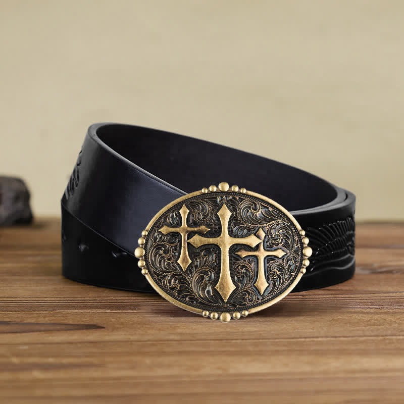 Men's DIY Three Crosses Attitude Buckle Leather Belt - Cross - Black Embossed Eagle Belt (40) - image 4