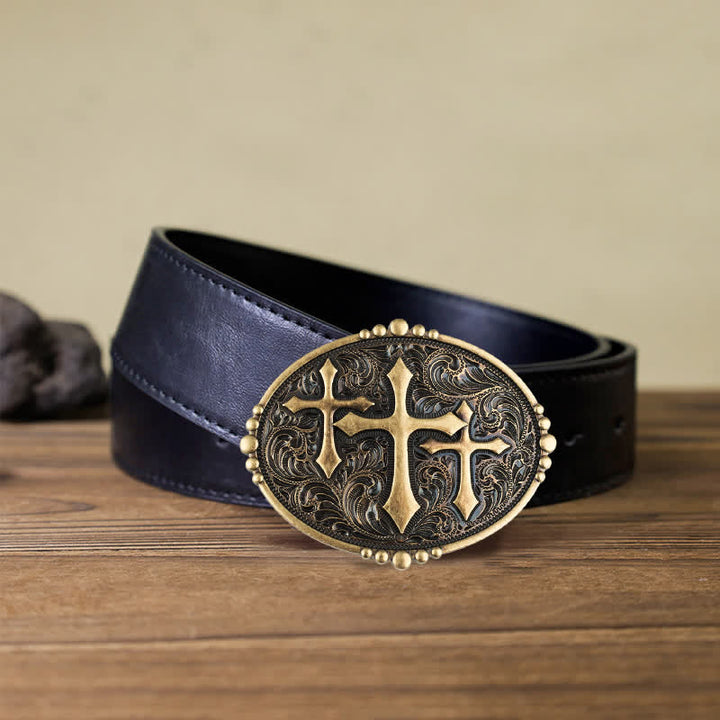 Men's DIY Three Crosses Attitude Buckle Leather Belt - Cross - Black PU Belt (40) - image 2