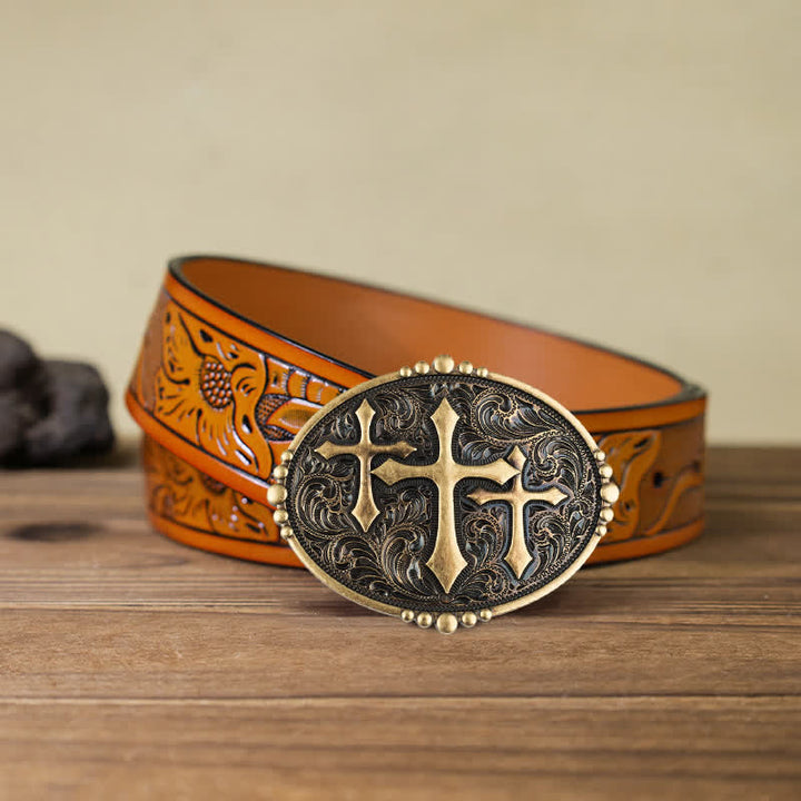 Men's DIY Three Crosses Attitude Buckle Leather Belt - Cross - Orange Carved Belt (40) - image 14